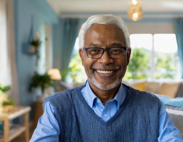 Foto gelukkige afro-amerikaanse senior thuis in een verpleeghuis die gelukkig lijkt voor de camera.