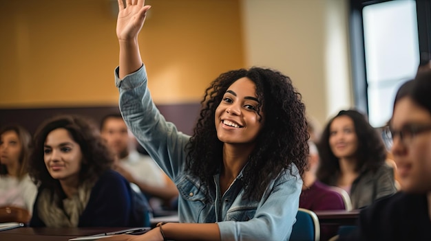 Gelukkige Afro-Amerikaanse student die haar hand opheft om een vraag te stellen tijdens een lezing in het klaslokaal