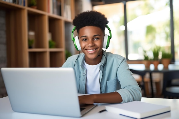 Gelukkige Afro-Amerikaanse tiener student e-learning thuis op pc notities schrijven glimlachend tienermeisje met behulp van laptop kijken webinar hybride leren Engels online virtuele klas zitten aan de thuis tafel