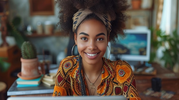 Gelukkige Afro-Amerikaanse vrouw die online studeert, webinar kijkt op de computer en checklist schrijft op het bureau, glimlacht naar de camera en werkt op de laptop