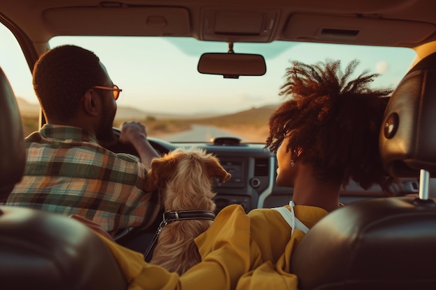 Gelukkige Afro-Amerikaanse vrouw met hond in de auto met AI gegenereerd