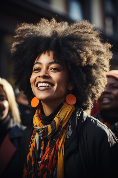 Foto gelukkige afro-amerikaanse vrouw met zonnebril in een straatcafé.