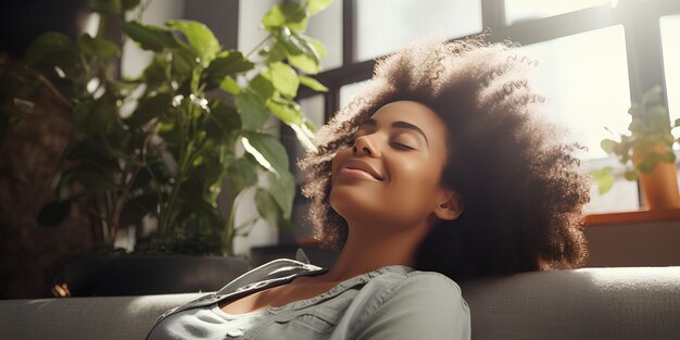 Gelukkige Afro-Amerikaanse vrouw ontspant zich op de bank thuis ontspannen stijl