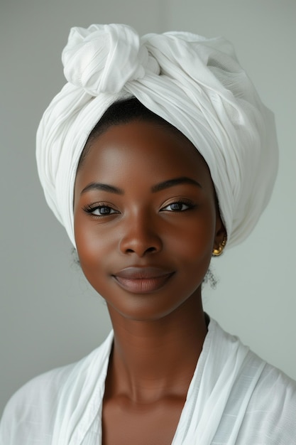 Gelukkige Afro-Amerikaanse vrouw straalt vreugde uit in wit ensemble CloseUp Portrait
