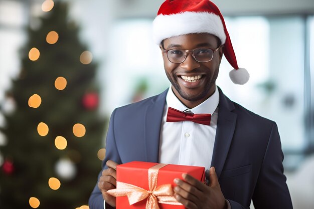 gelukkige afro-amerikaanse zakenman in pak en kerstmuts wenst prettige kerstdagen