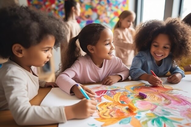 Gelukkige afro meisjes vrienden schilderen samen in de klas