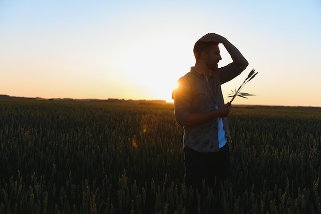 Gelukkige agronoom staat in zijn groeiende gerstveld en onderzoekt gewassen na succesvol zaaien