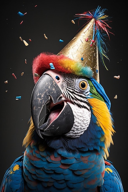 Gelukkige ara-papegaai met feestmuts en verjaardagsconfetti Generatieve AI