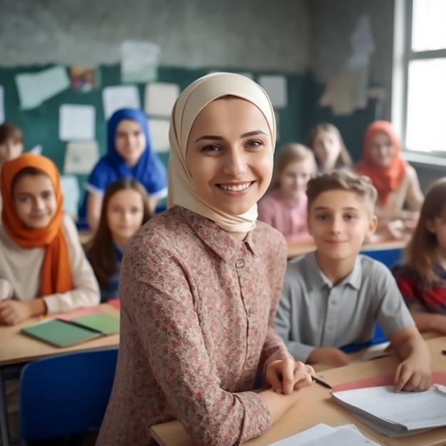 Gelukkige Arabische leraar met haar studenten