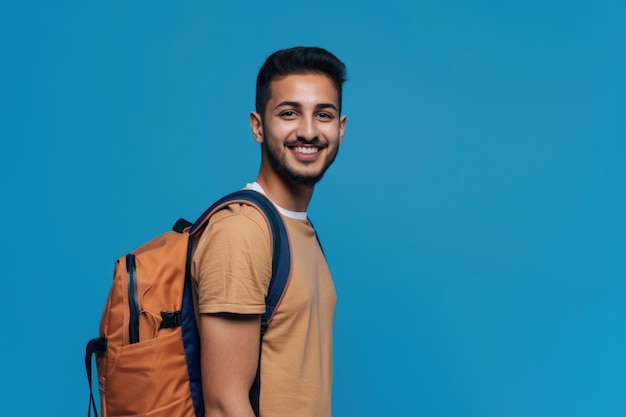 Gelukkige Arabische student met rugzak voor afstandsonderwijsconcept