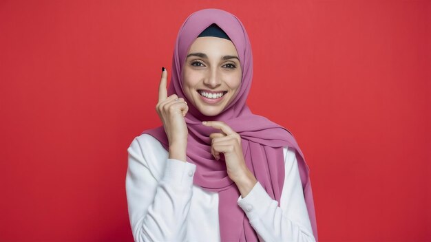 Gelukkige Arabische vrouw in hijab portret van glimlachend meisje poseren op rode studio achtergrond