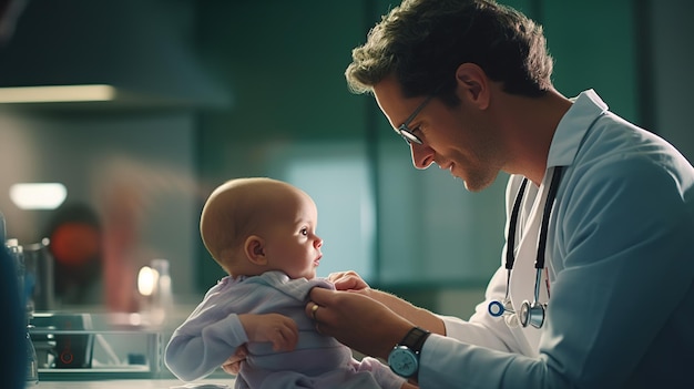 Gelukkige arts of kinderarts met baby in de kliniek
