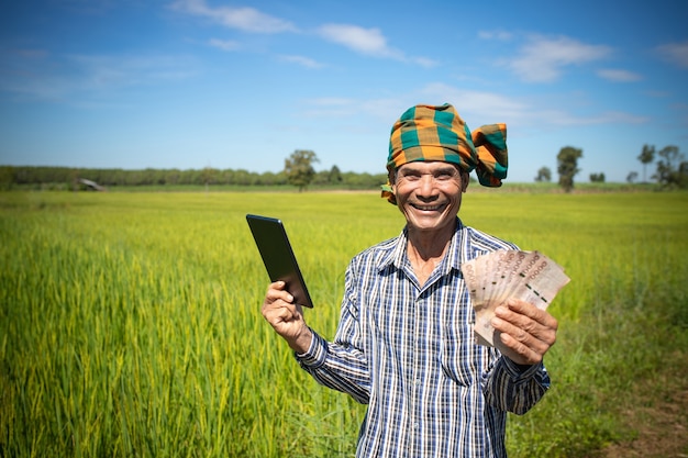 Gelukkige Aziatische boer met lachende gezichtshand met smartphone die in rijstboerderij staat, concept van contante subsidie