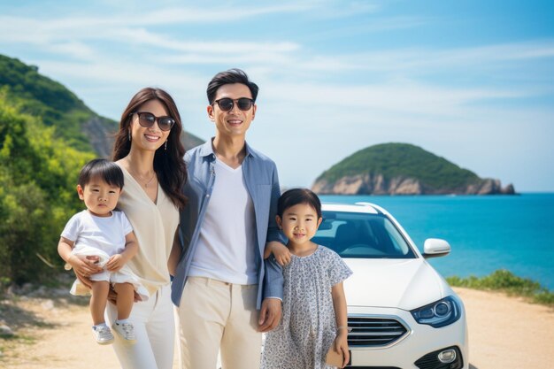 Gelukkige Aziatische familie geniet van een road trip met hun favoriete auto.