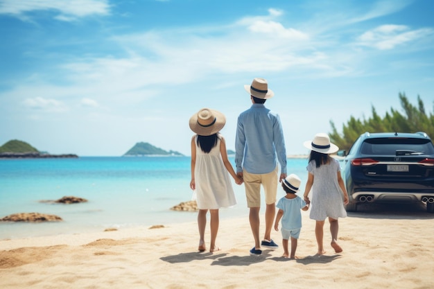 Gelukkige Aziatische familie geniet van een road trip met hun favoriete auto.