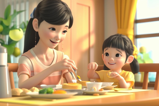 Gelukkige Aziatische familie moeder en klein meisje eten ontbijt