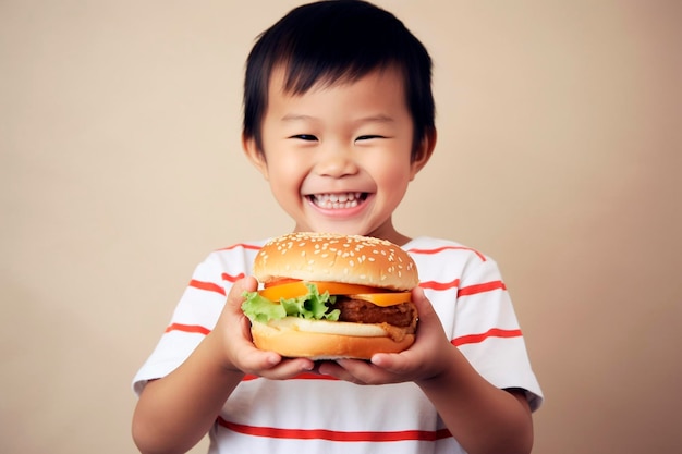 Gelukkige Aziatische jongen met hamburger in zijn handen