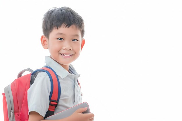 Gelukkige Aziatische jongen met rugzak en boek op witte achtergrond kopieer ruimte