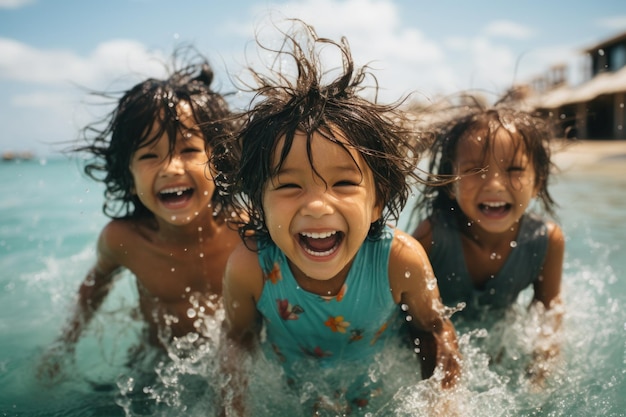 Gelukkige Aziatische kinderen in een waterattractie in een aquapark.