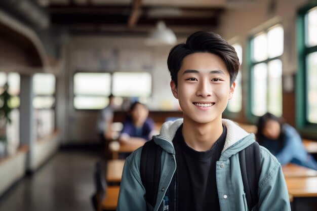 Gelukkige Aziatische mannelijke student portret op de universiteit