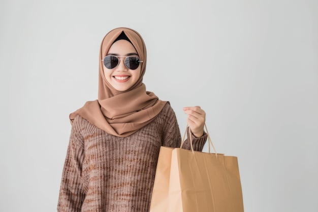 Gelukkige Aziatische moslimvrouw met een winkeltas op witte achtergrond