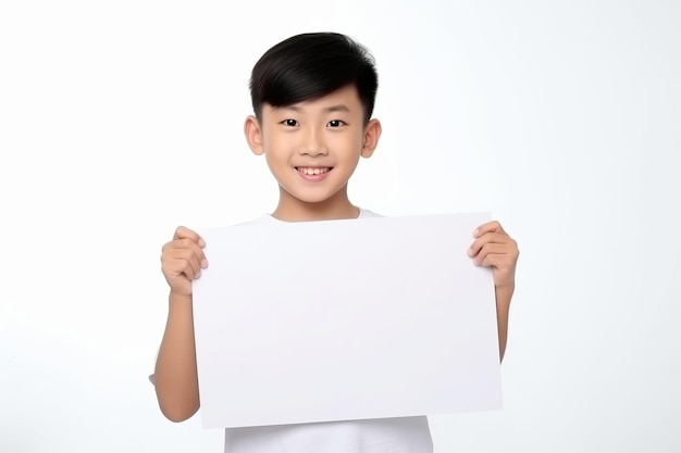 Gelukkige Aziatische Scholl jongen met een blanke witte banner teken geïsoleerd studio portret