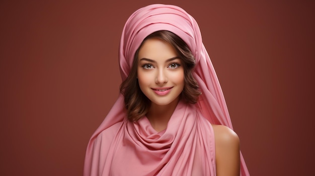 Foto gelukkige aziatische vrouw die haarhanddoek draagt na schoonheidsbehandeling geïsoleerde roze achtergrond