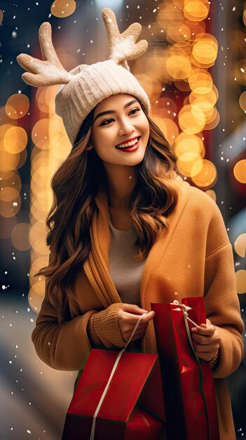 Gelukkige Aziatische vrouw die met Kerstmis winkelt