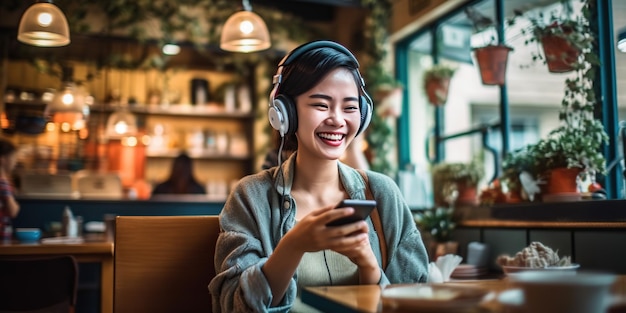 gelukkige aziatische vrouw die naar muziek luistert via draadloze hoofdtelefoons in een koffieshop