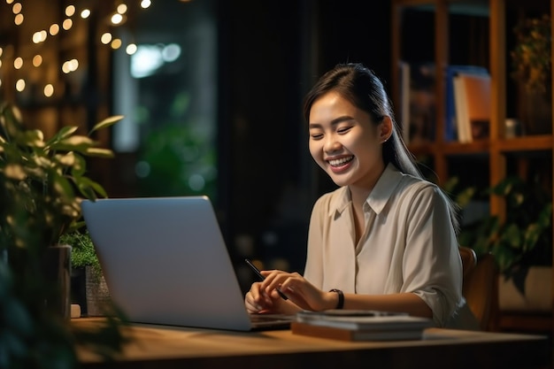 Gelukkige Aziatische vrouw in formele kantoorkleding die gelukkig aan haar laptop werkt in modern