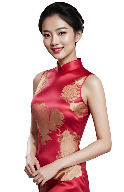 Foto gelukkige aziatische vrouw met een traditionele cheongsam jurk.