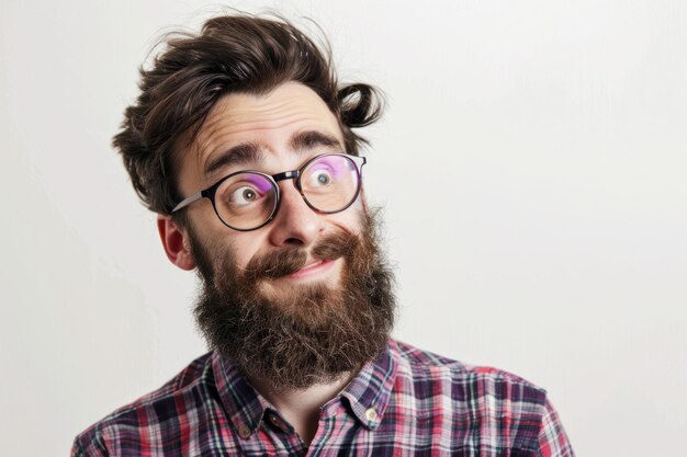 Gelukkige baarde hipster Verbaasde man met bril kijkt vooruit op een stevige witte achtergrond