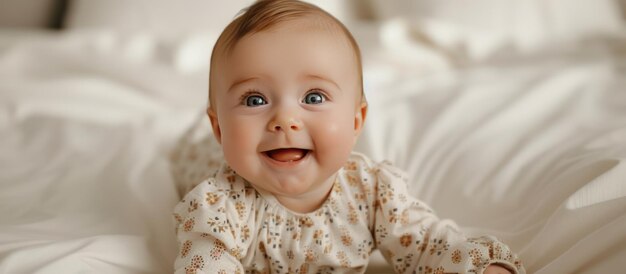 Gelukkige baby ligt naast haar moeder op een wit bed pasgeboren kijkend naar de camera en glimlachend