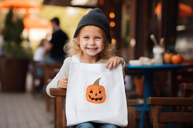 gelukkige baby met pompoen voor Halloween Generatieve AI