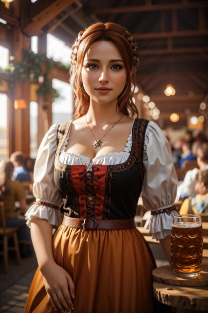 gelukkige Beierse vrouw met bierpullen op Oktoberfest