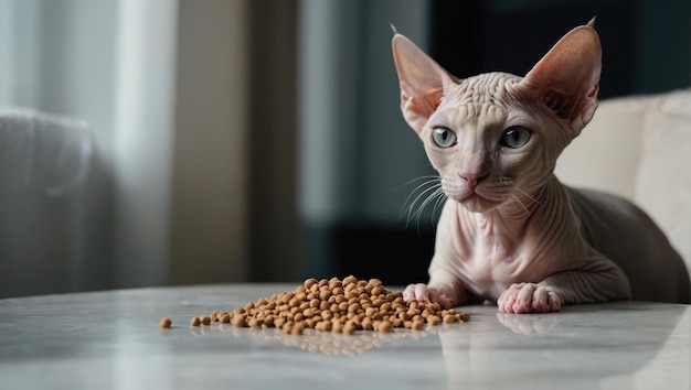 Gelukkige binnenlandse kitten eten kitten voedsel van een bord Scandinavische stijl keuken huisdieren gezondheid en