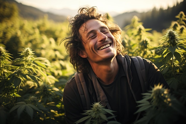 gelukkige blanke mannelijke boer lacht in een marihuanaplantageveld