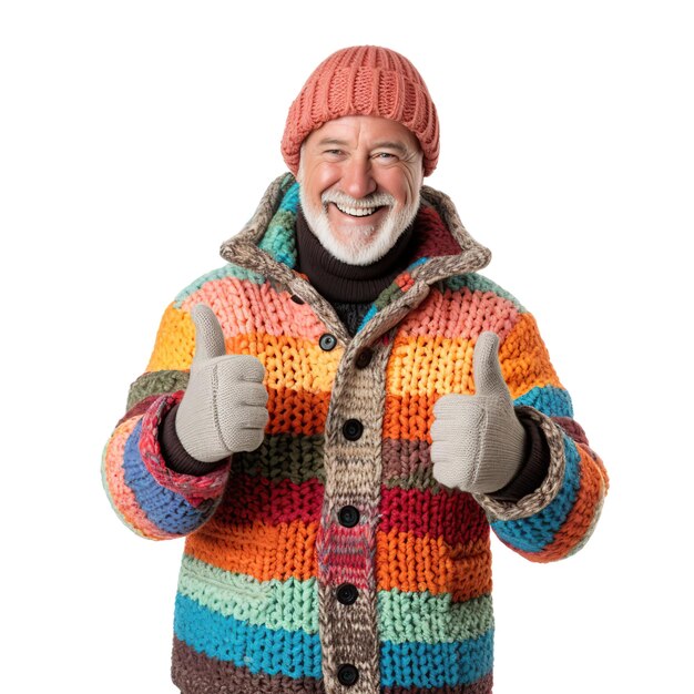 Gelukkige blanke oudere man in kleurrijke winterkleding met duim omhoog.