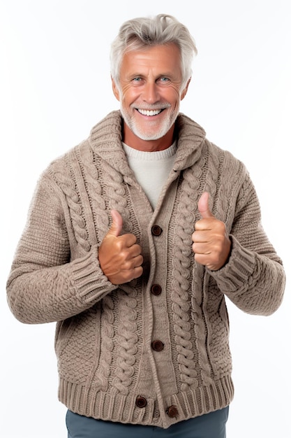Gelukkige blanke oudere man in kleurrijke winterkleding met duim omhoog.