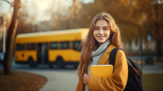 Gelukkige blanke tiener vrouwelijke student met boeken kijkend naar camera met wazige schoolbus op achtergrond Terug naar schoolconcept