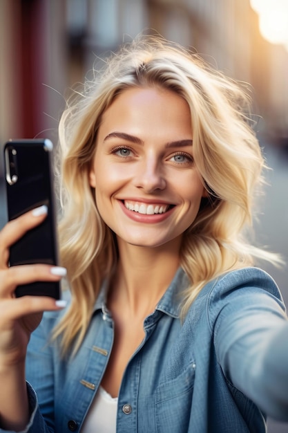 Foto gelukkige blonde vrouw die een selfie maakt motivatie en welzijn vrede en hoop glimlach vrouwelijk optimisme droom en succes concepten