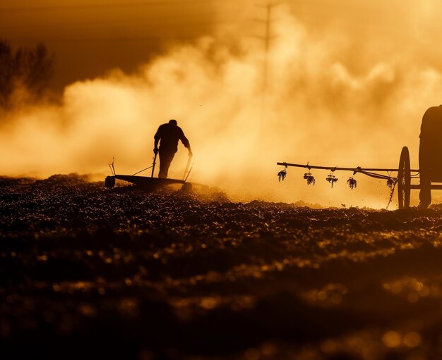 Foto gelukkige braziliaanse boeren gebruiken ploegen om het land voor te bereiden op de aanplant van sojabonen in brazilië