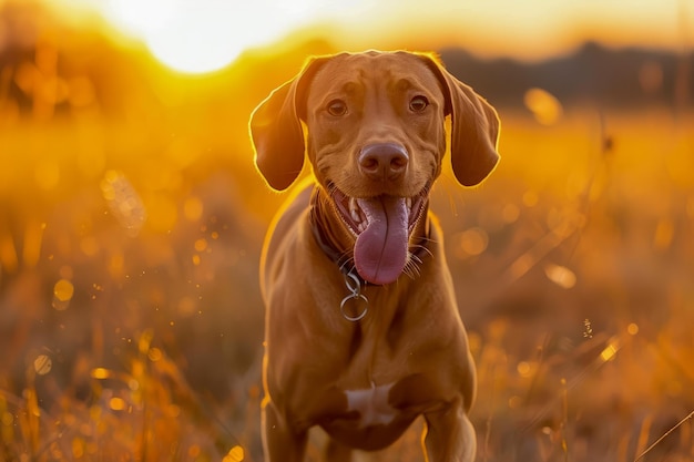 Gelukkige bruine Labrador Retriever geniet van zonsondergang in Golden Field Portret van glimlachende huisdierenhond in