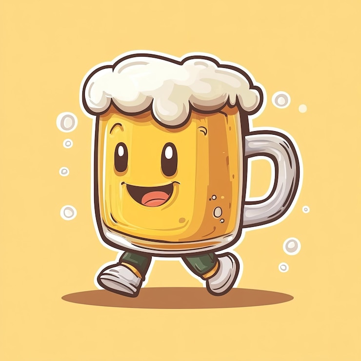 Foto gelukkige cartoon bier beker lopen met een grote glimlach