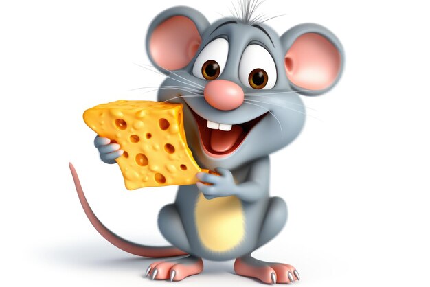 Foto gelukkige cartoonmuis met kaas op witte achtergrond