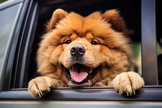 Gelukkige Chow Chow hond kijkt uit een auto raam zomer vakantie reis