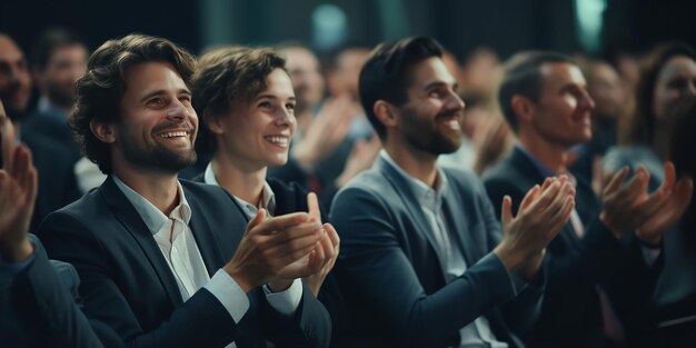 Gelukkige collega 's applaudisseren tijdens een conferentie Generative Ai