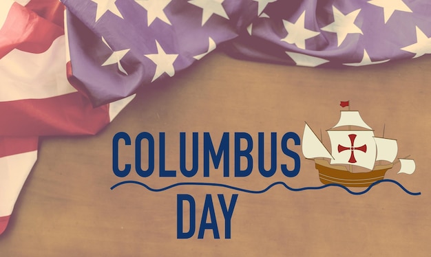 Gelukkige Columbus Day tekst met ouderwets zeilschip en Amerikaanse vlag.