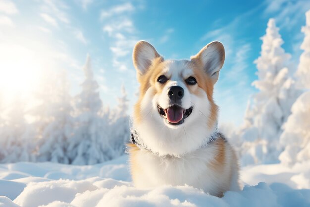 Gelukkige corgi in het winterwoud zit in de sneeuw en poseert voor de camera Horizontale foto