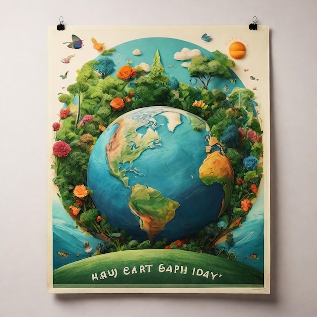 Gelukkige dag van de aarde 22 april flyer met globe bloemen en bladeren illustratie ontwerp